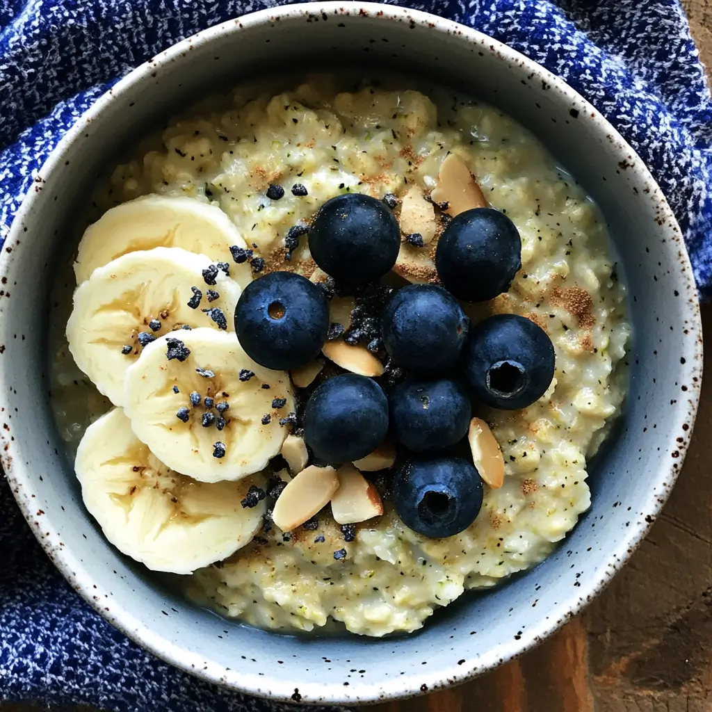 Bowl of zoats zucchini oatmeal with banana, blueberries, and almonds