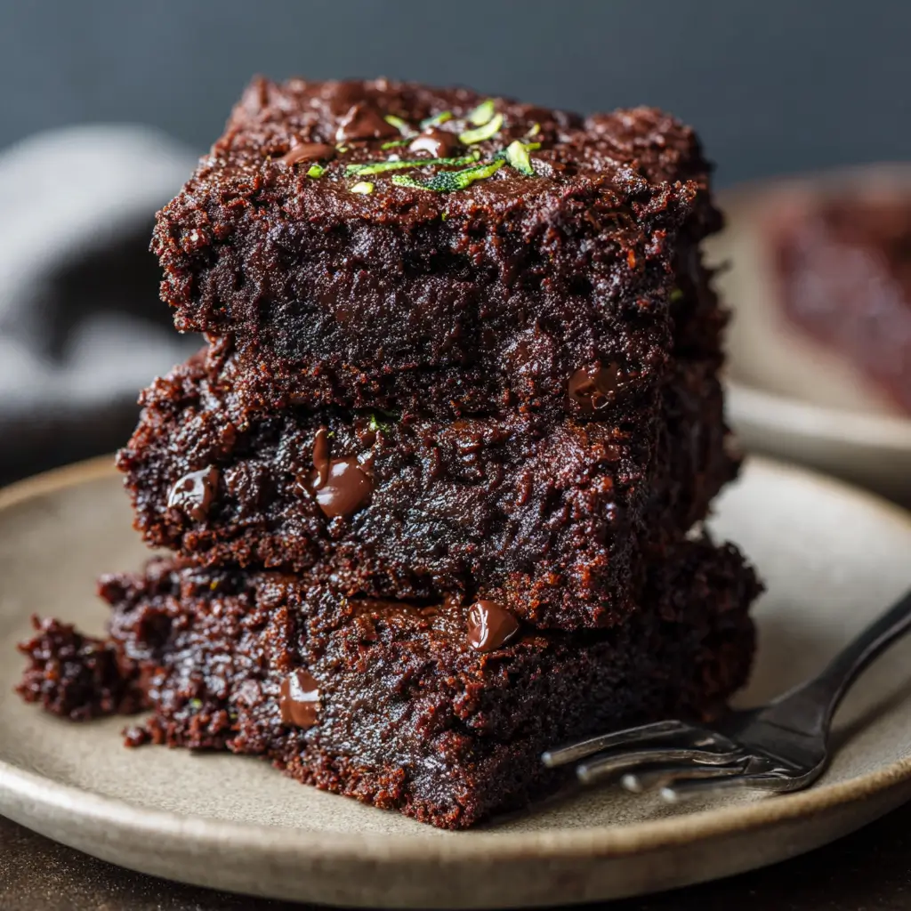 Zucchini Brownies Recipe – 1 Irresistible, Moist, Fudgy Delight 6 Homemade zucchini brownies stacked on a plate with melty chocolate chips