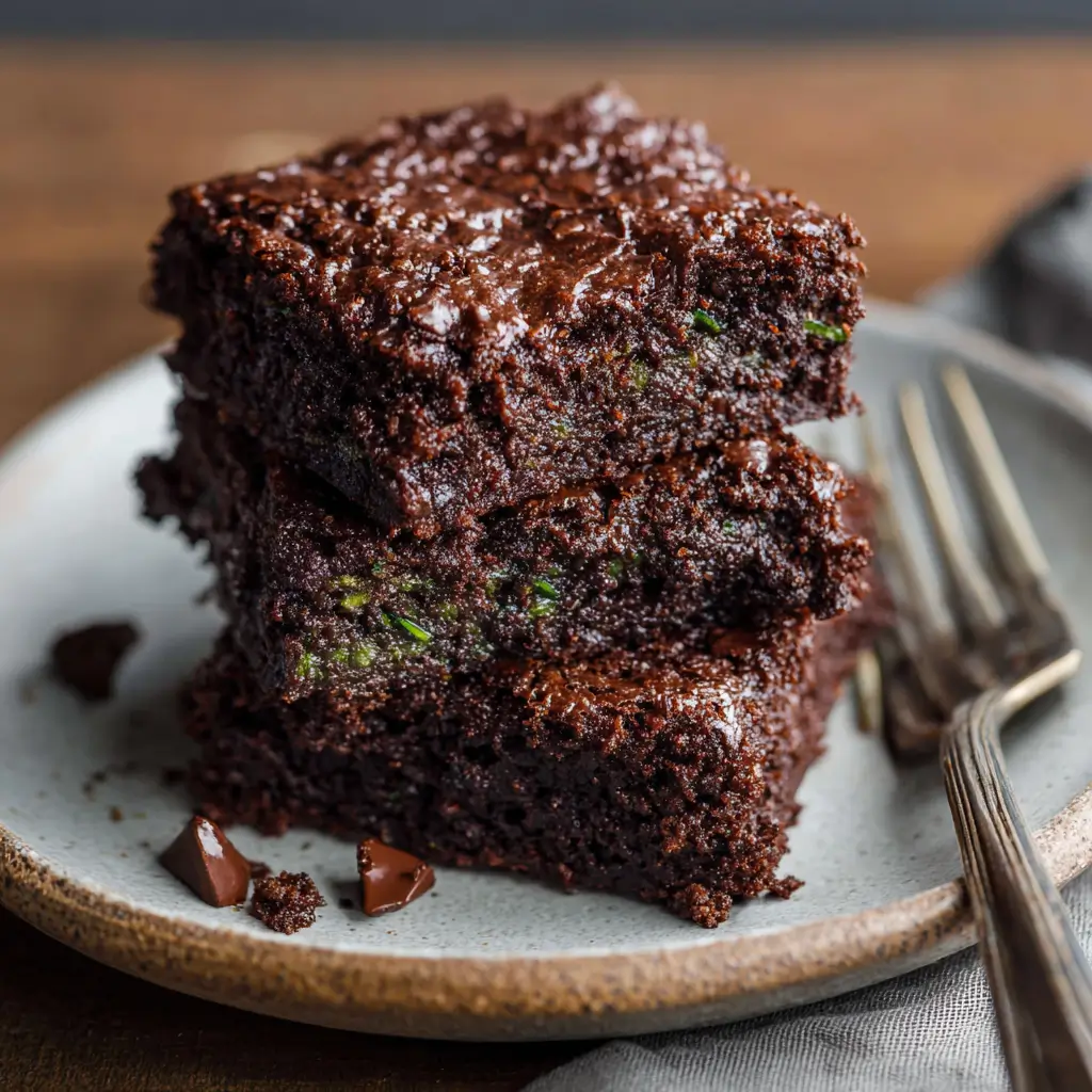 Zucchini Brownies Recipe – 1 Irresistible, Moist, Fudgy Delight 9 Served zucchini brownies stacked on a plate with chocolate chunks