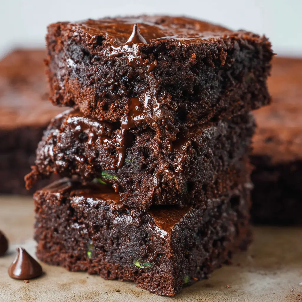 Fudgy zucchini brownies stacked with melted chocolate chunks