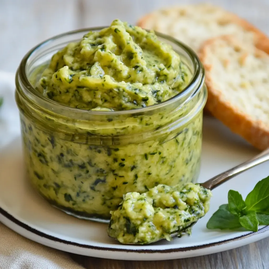 Zucchini butter spread in glass jar with spoon and bread