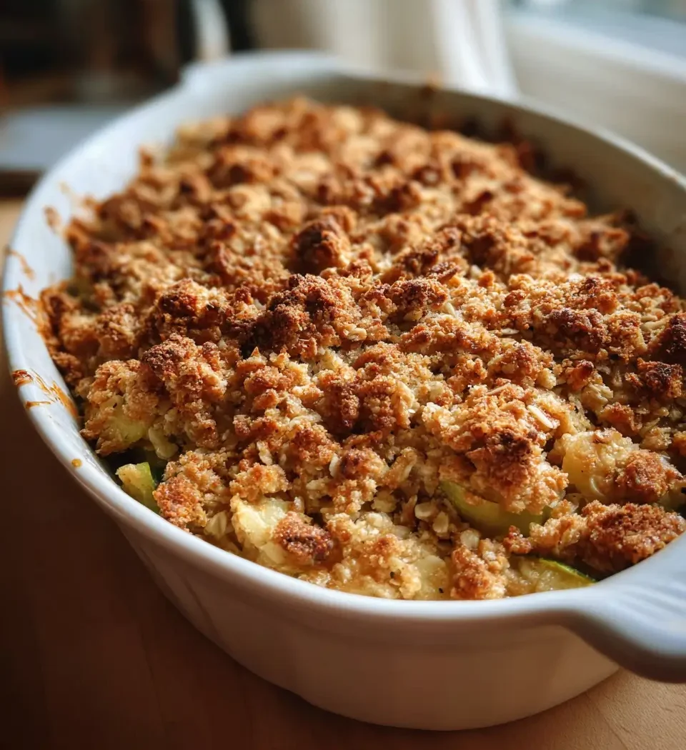 Zucchini Crisp Recipe – 1 Surprising Dessert That Tastes Amazing 5 Golden zucchini crisp in baking dish with oat topping and bubbling edges