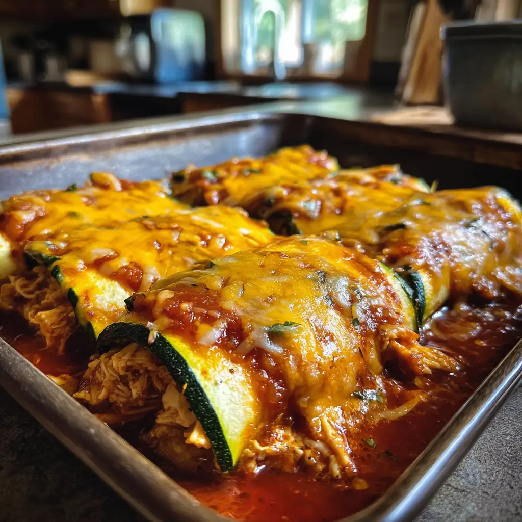 Zucchini Enchiladas – 1 Amazing Low-Carb Dinner You’ll Love 5 Freshly baked zucchini enchiladas filled with chicken, topped with enchilada sauce and melted cheese
