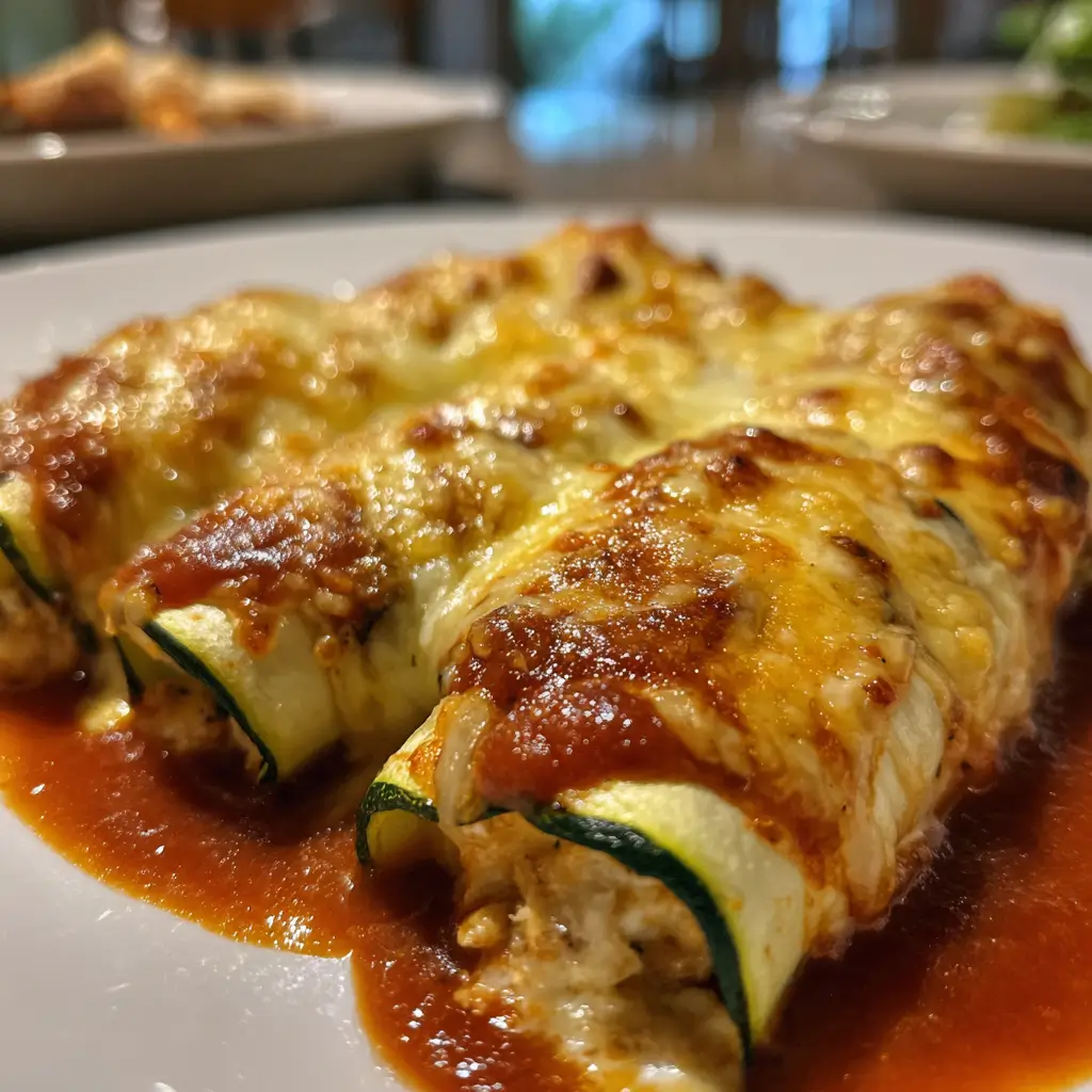Zucchini enchiladas baked with chicken, enchilada sauce, and melted Mexican cheese in a white dish