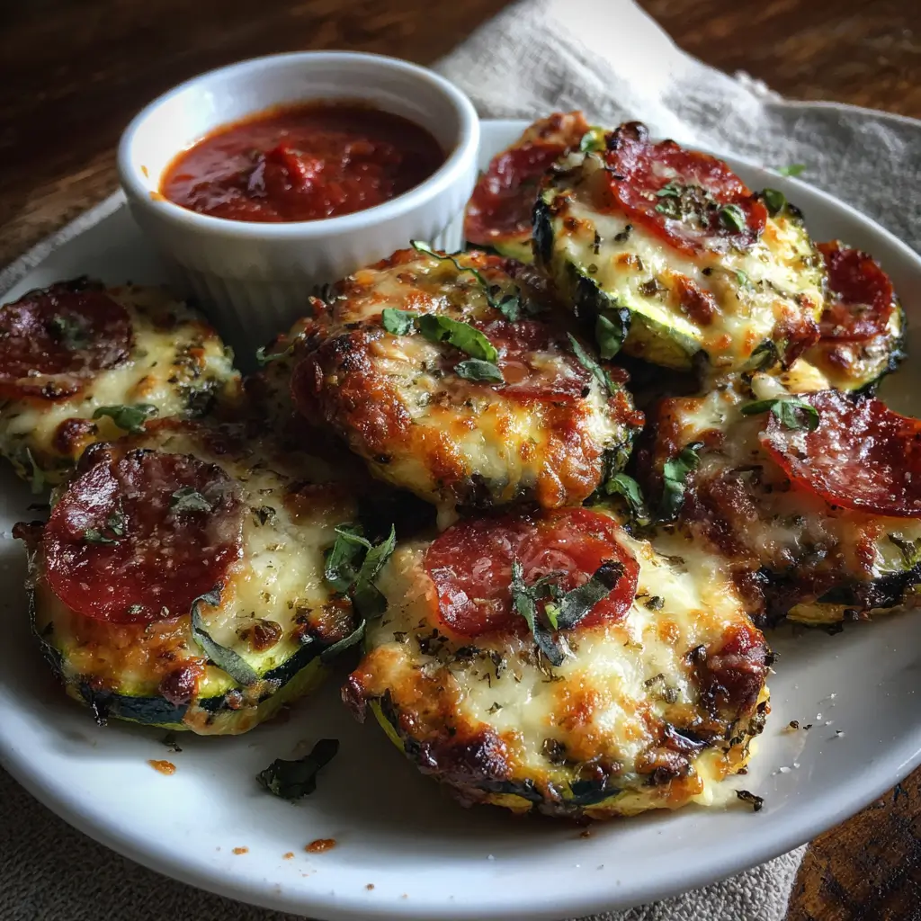 Zucchini Pizza Bites – Ultimate 5-Minute Cheesy Snack Win 9 Golden zucchini pizza bites with pepperoni and herbs served on a white plate with marinara