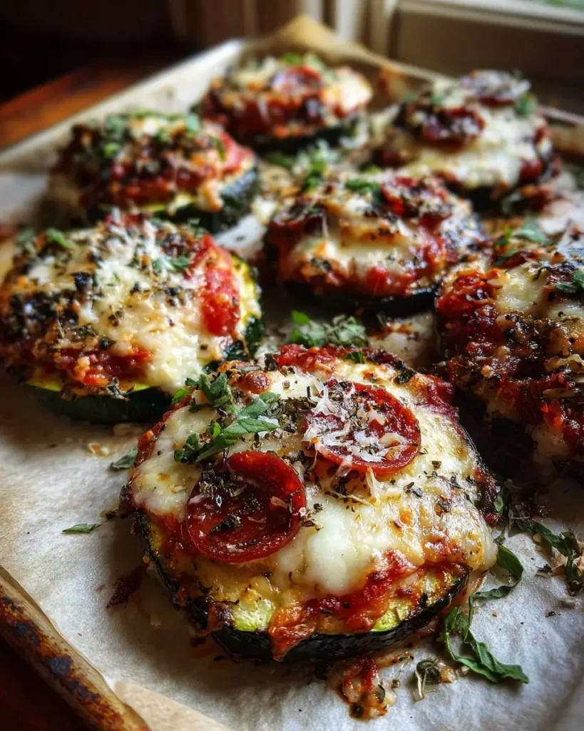 Zucchini Pizza Bites – Ultimate 5-Minute Cheesy Snack Win 6 Zucchini pizza bites with melted cheese and pepperoni on a baking tray