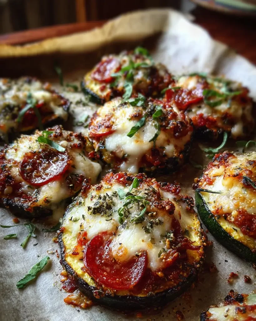 Zucchini Pizza Bites – Ultimate 5-Minute Cheesy Snack Win 8 Crispy zucchini pizza bites with pepperoni and melted cheese on parchment