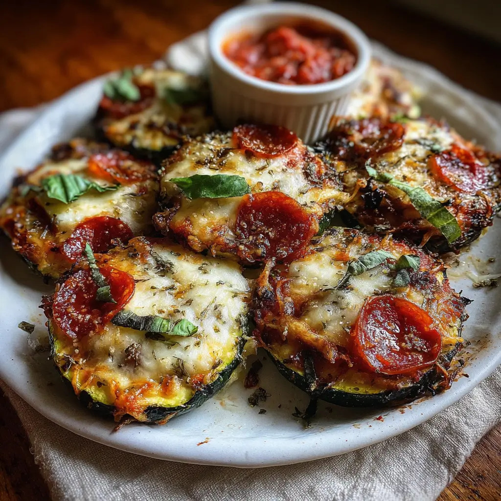 Zucchini pizza bites topped with pepperoni, basil, and melted cheese served with marinara