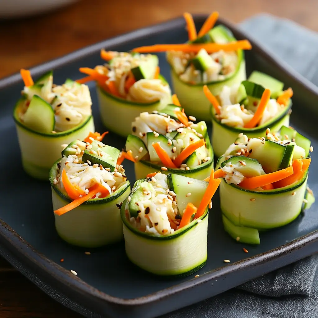 Zucchini Sushi Rolls: Irresistible No-Rice Sushi Bites You’ll Crave 6 Zucchini sushi rolls filled with crab, cucumber, and carrot, topped with sesame seeds