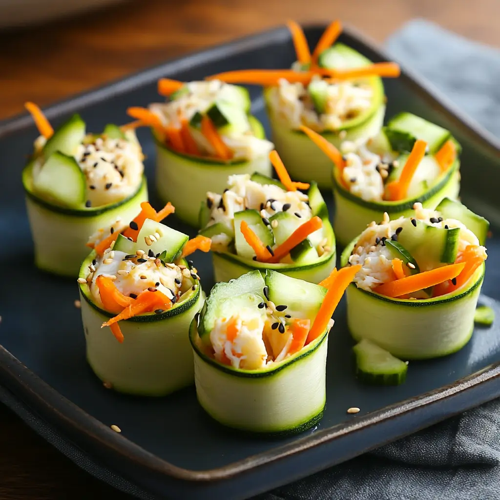 Zucchini Sushi Rolls: Irresistible No-Rice Sushi Bites You’ll Crave 5 Zucchini sushi rolls with crab, carrots, and cucumber on a dark plate