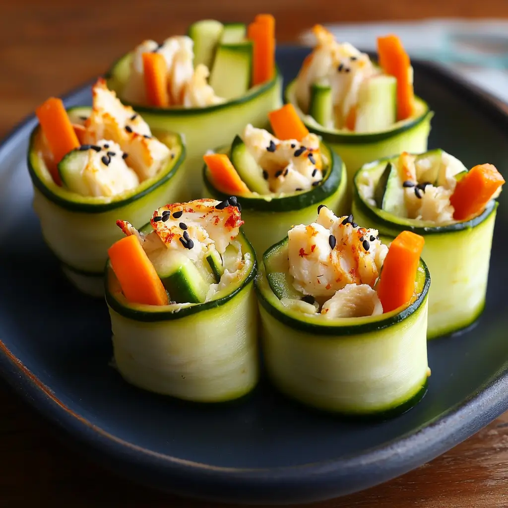 Zucchini sushi rolls with crab, carrot, and cucumber on a plate