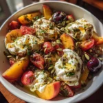 Peach and Burrata Salad – Amazing 1-Step Fresh Recipe 7 Peach and Burrata Salad in a white bowl with fresh fruit, creamy cheese, herbs, and toasted seeds