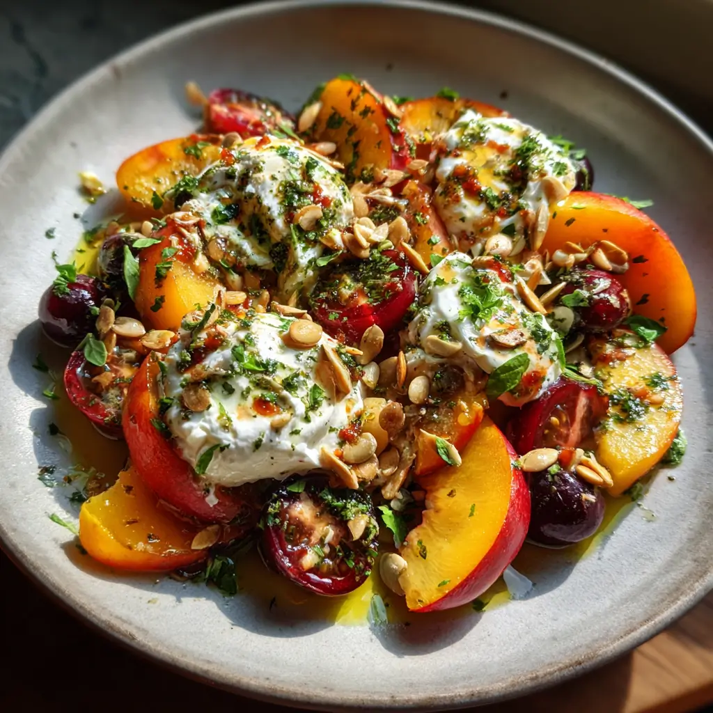 Peach and Burrata Salad – Amazing 1-Step Fresh Recipe 8 Peach and Burrata Salad with cherries, toasted seeds, and herb vinaigrette on a ceramic plate