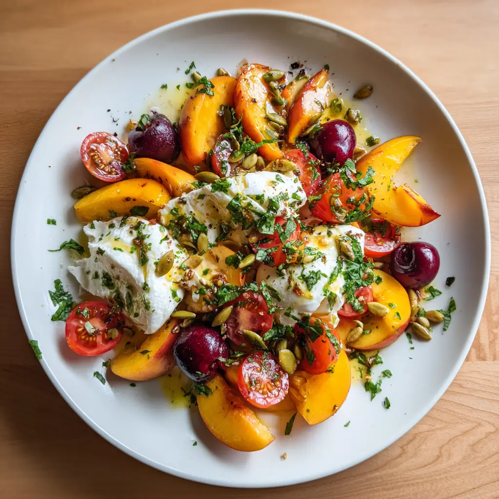 Peach and Burrata Salad – Amazing 1-Step Fresh Recipe 6 Fresh Peach and Burrata Salad with tomatoes, cherries, herbs, and toasted pumpkin seeds on a white plate