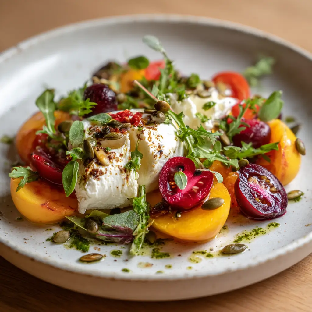 Peach and Burrata Salad – Amazing 1-Step Fresh Recipe 9 Close-up of Peach and Burrata Salad with fresh greens, cherries, and toasted pumpkin seeds on a ceramic plate