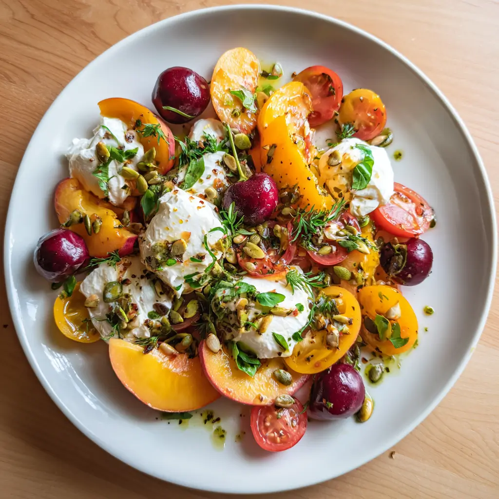 Peach and Burrata Salad – Amazing 1-Step Fresh Recipe 5 Peach and Burrata Salad with cherry tomatoes, fresh cherries, burrata cheese, and pumpkin seeds on a white plate