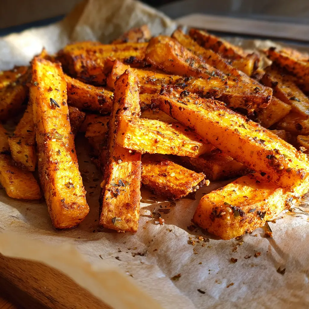 Air Fryer Pumpkin Fries – 3 Secrets for Crispy, Perfect Results 8 Seasoned air fryer pumpkin fries on parchment paper with crisp, golden edges