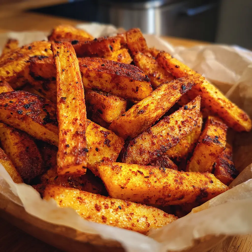 Air Fryer Pumpkin Fries – 3 Secrets for Crispy, Perfect Results 9 Air fryer pumpkin fries served hot in a wooden bowl, golden brown and spice-crusted