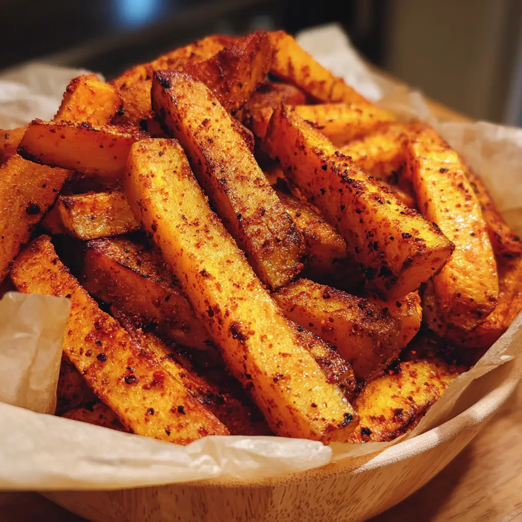 Air Fryer Pumpkin Fries – 3 Secrets for Crispy, Perfect Results 5 Crispy air fryer pumpkin fries seasoned with paprika and cumin in a wooden bowl