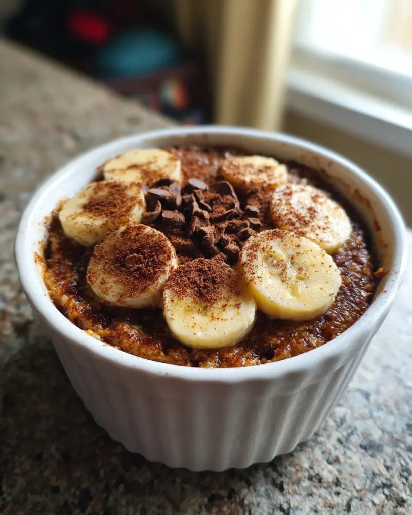 Baked Oats Oatmeal Cake: Healthy, Moist & Ready in 25 Minutes 7 Baked oats oatmeal cake with golden top, banana flavor, and soft oat texture in white ramekin