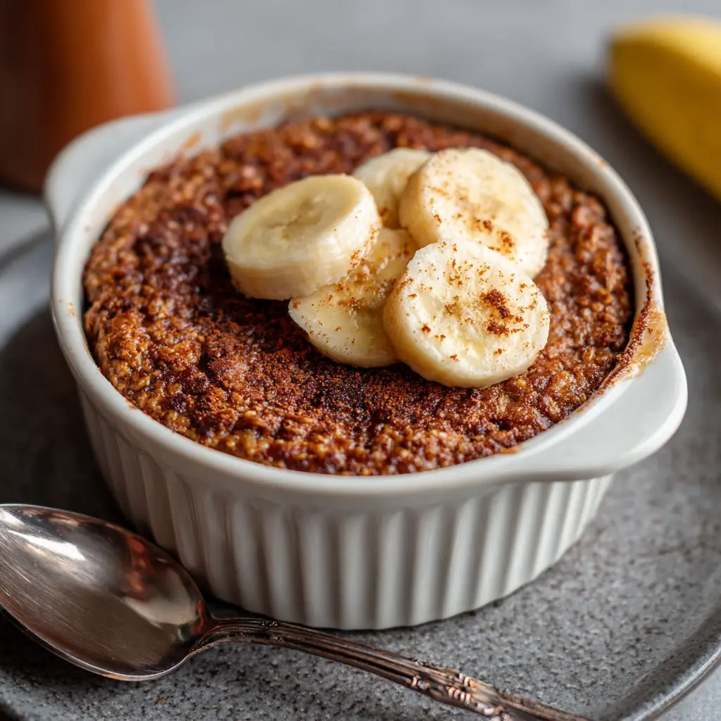 Baked Oats Oatmeal Cake: Healthy, Moist & Ready in 25 Minutes 5 Golden baked oats oatmeal cake with banana, served warm in a ceramic ramekin