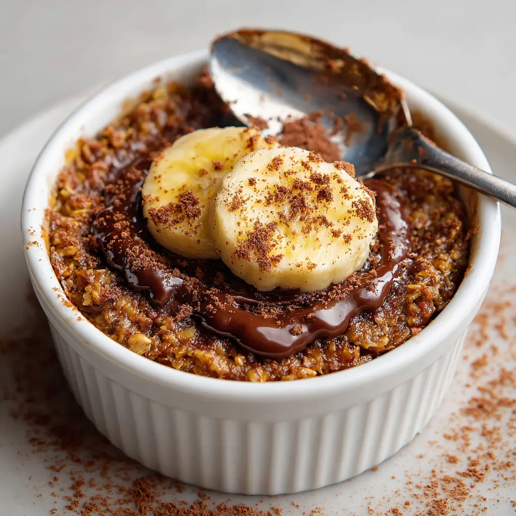 Baked Oats Oatmeal Cake: Healthy, Moist & Ready in 25 Minutes 4 Freshly baked oats oatmeal cake in white ramekin with golden crust and soft banana texture