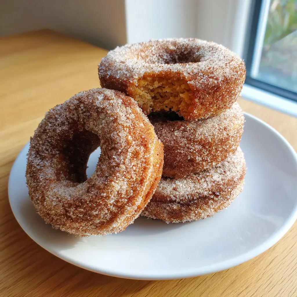 Baked Pumpkin Donuts – 5 Sweet Reasons They’re a Fall Obsession 8 Four baked pumpkin donuts coated in cinnamon sugar on a white plate, one with a bite showing soft interior near a window.