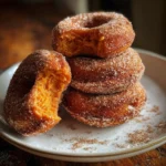 Baked Pumpkin Donuts – 5 Sweet Reasons They’re a Fall Obsession 7 Stack of cinnamon sugar baked pumpkin donuts on a rustic plate, two with bites taken, showing moist, golden-orange interior.