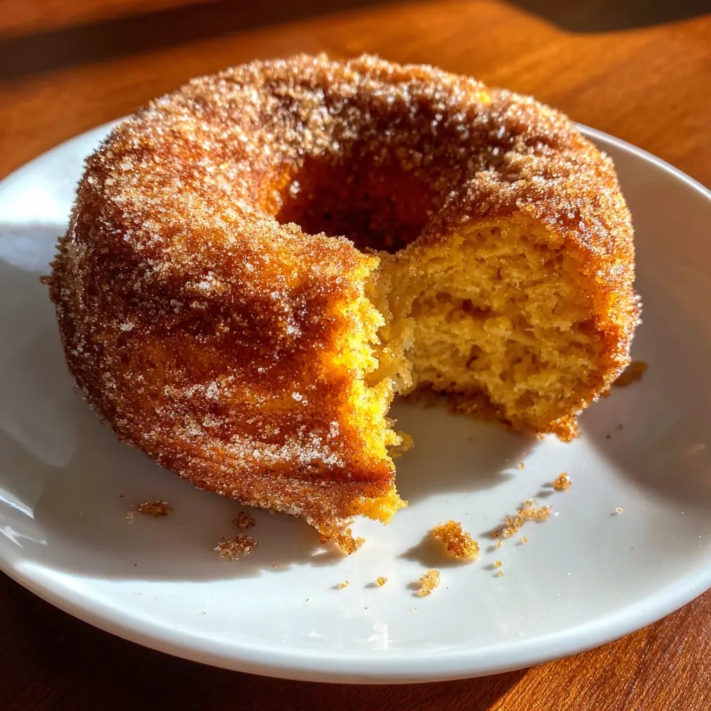 Baked Pumpkin Donuts – 5 Sweet Reasons They’re a Fall Obsession 6 Close-up of a single baked pumpkin donut with cinnamon sugar, bitten to reveal soft, fluffy pumpkin interior on a white plate.
