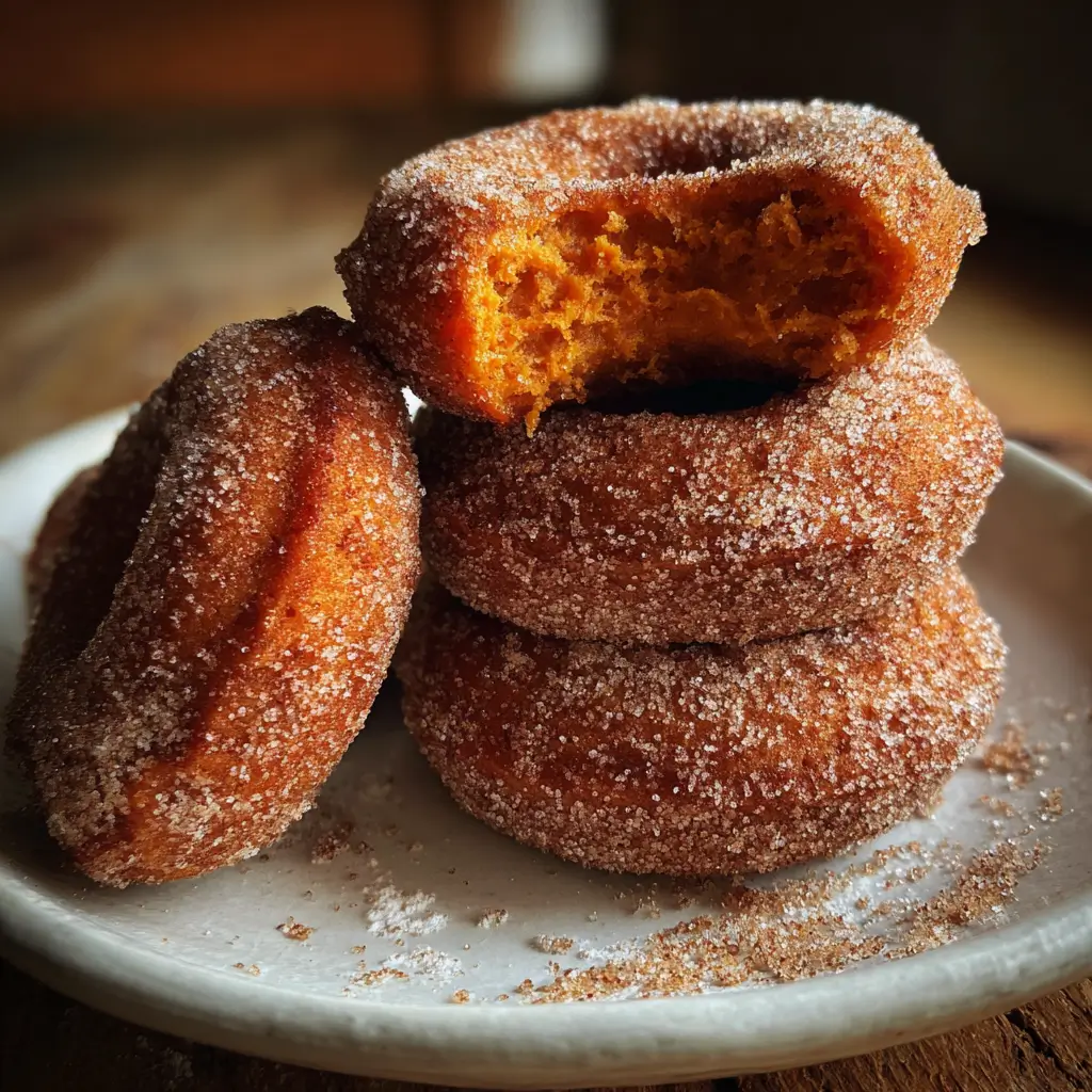 Baked Pumpkin Donuts – 5 Sweet Reasons They’re a Fall Obsession 9 Rustic stack of cinnamon sugar baked pumpkin donuts on a ceramic plate, one donut with a bite showing a moist, spiced center.