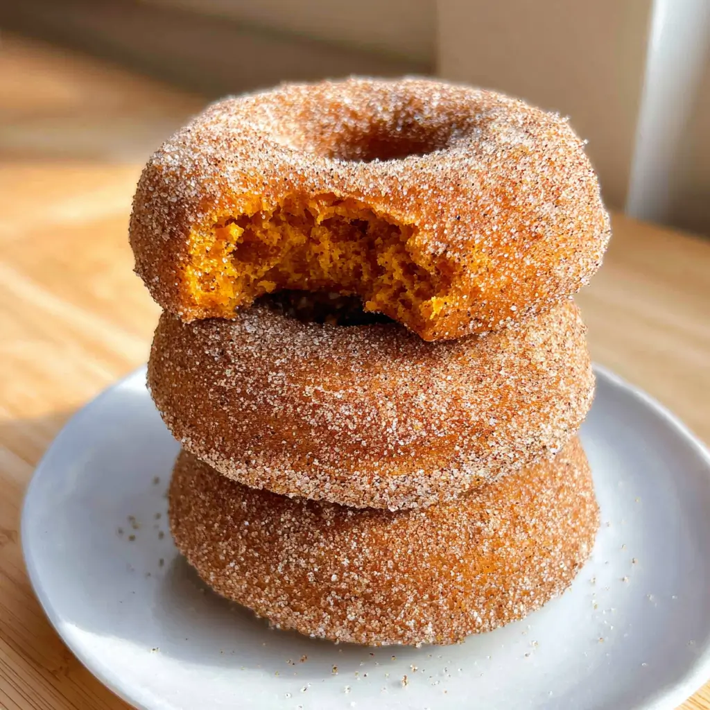Stack of three baked pumpkin donuts coated in cinnamon sugar, with the top donut bitten to reveal soft pumpkin center.