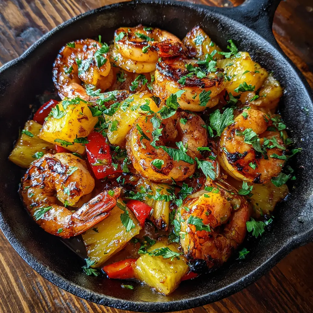 BBQ Pineapple Shrimp in cast iron skillet with caramelized pineapple and bell peppers glazed in barbecue sauce