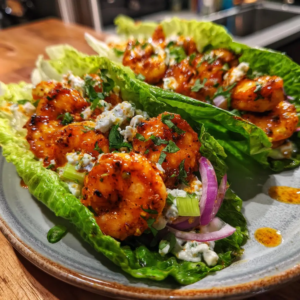 How to Make Irresistible Buffalo Shrimp Lettuce Wrap Tacos in Just 20 Minutes 6 Buffalo shrimp lettuce wraps with ranch dressing, celery, and red onion on romaine leaves