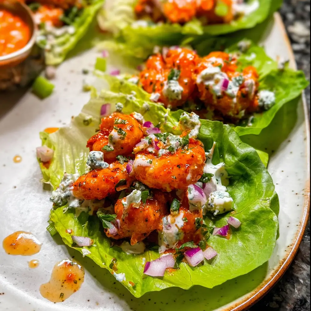 Buffalo shrimp lettuce wrap tacos with ranch, celery, and red onion in romaine leaves