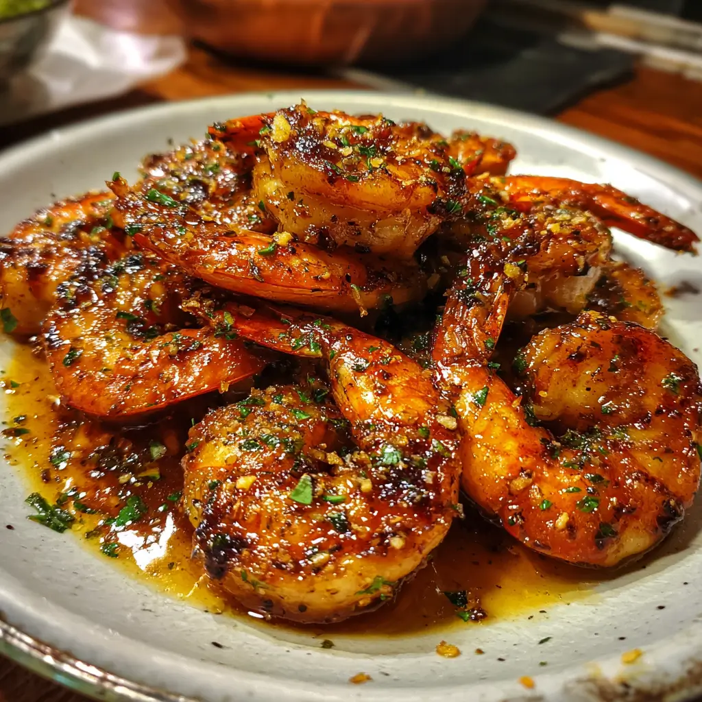 Cajun Hot Honey Shrimp on rustic plate glazed with spicy hot honey, garlic, lemon zest, and herbs