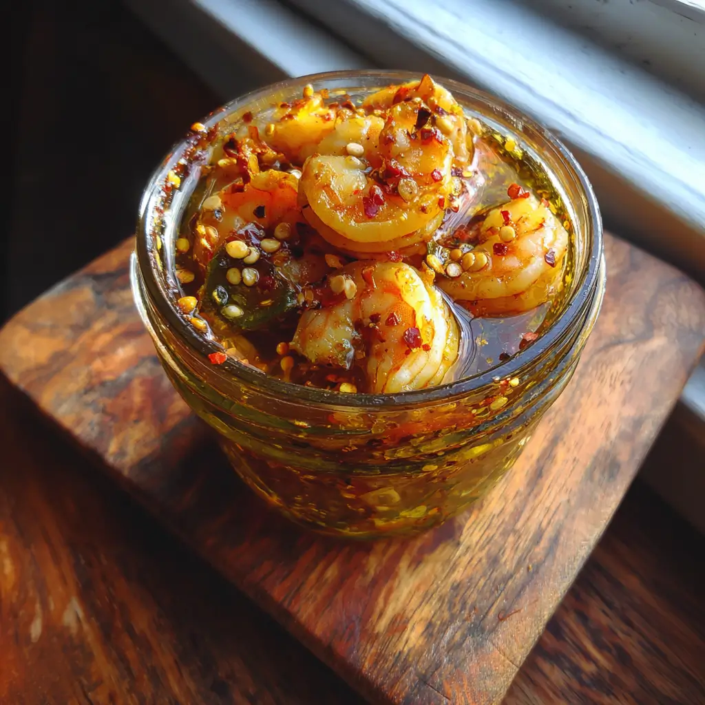 Cajun Pickled Shrimp: 1 Easy Recipe You’ll Love 6 Rustic jar of Cajun Pickled Shrimp with lemon, chili flakes, and Southern spices on a wooden board