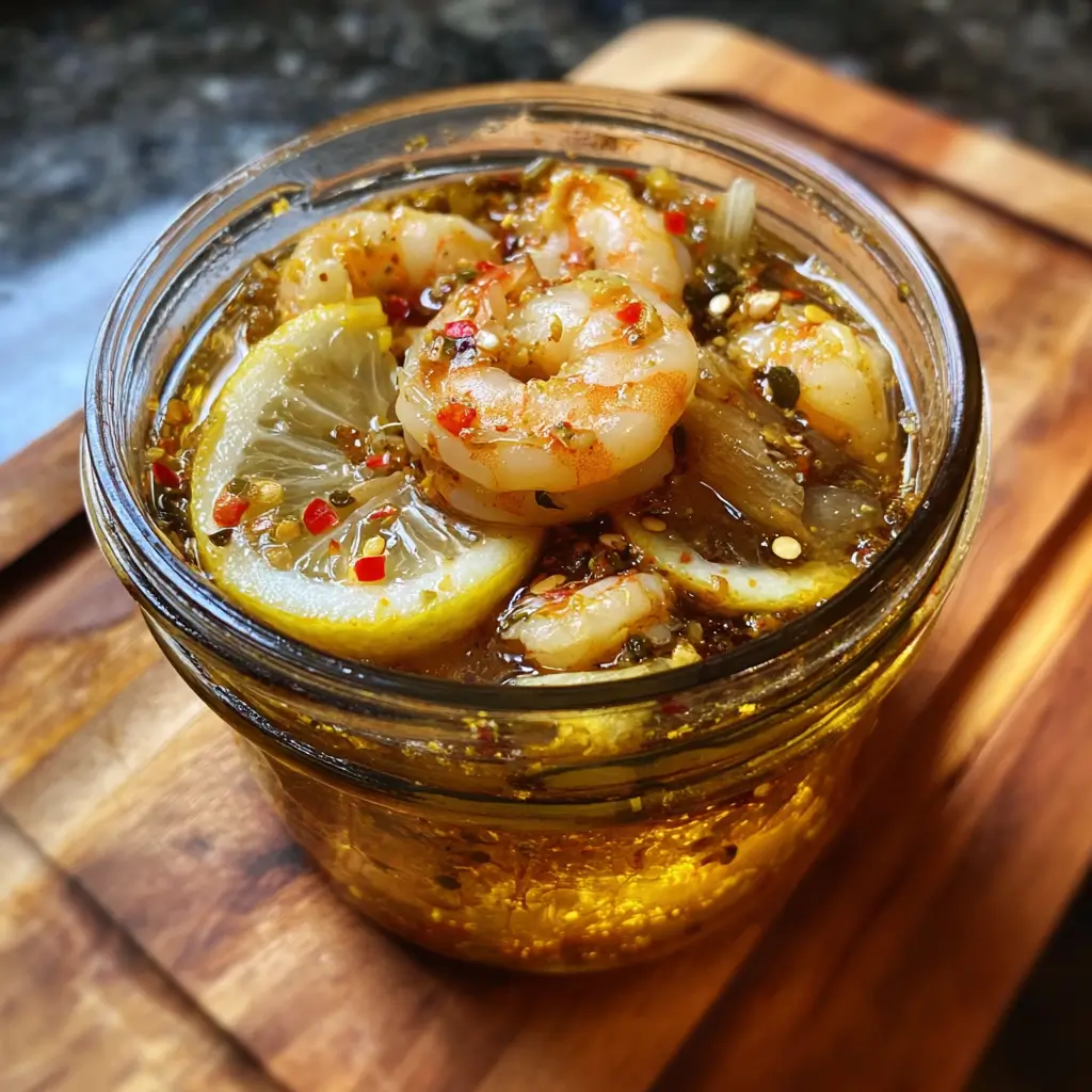 Cajun Pickled Shrimp: 1 Easy Recipe You’ll Love 5 Glass jar of Cajun Pickled Shrimp with lemon slices, red pepper flakes, and herbs on a wooden board