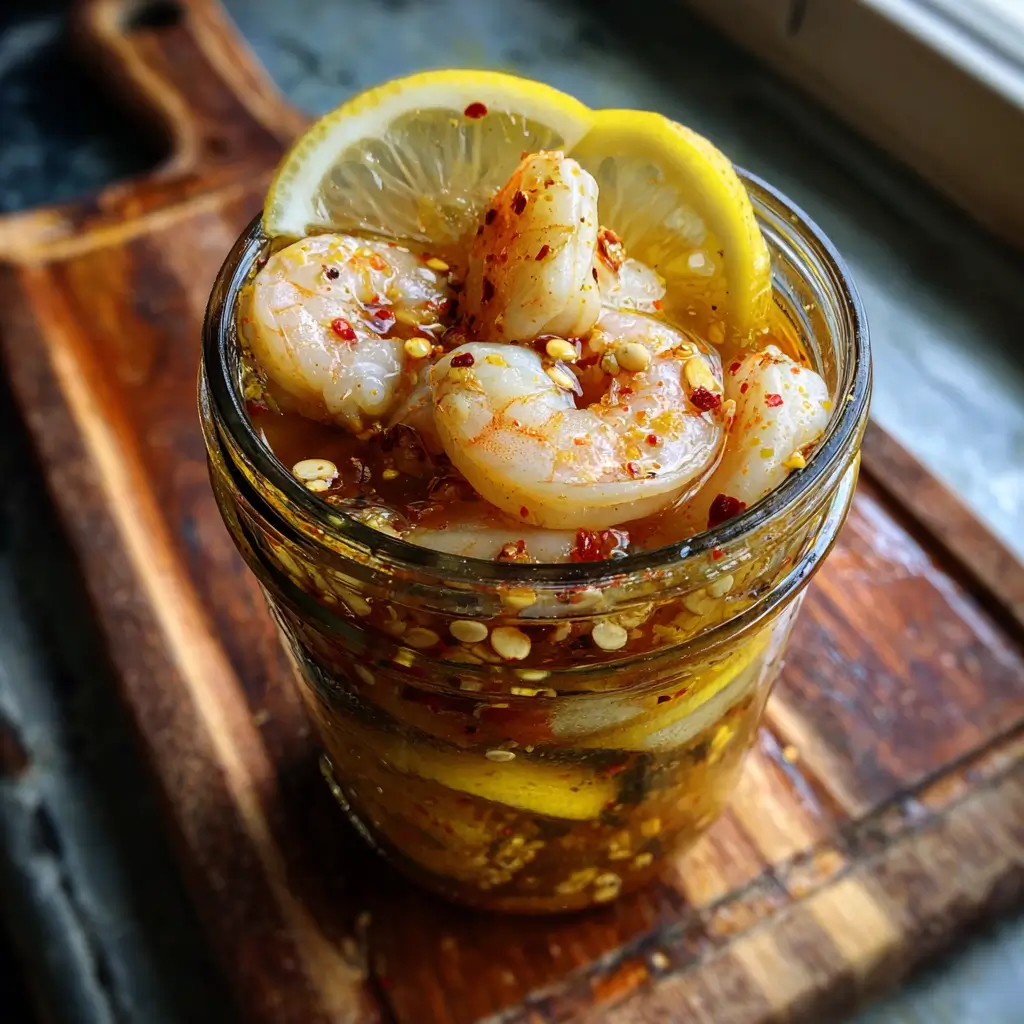 Cajun Pickled Shrimp: 1 Easy Recipe You’ll Love 4 Cajun Pickled Shrimp in a mason jar with lemon slices, red pepper flakes, and marinade on a wooden board