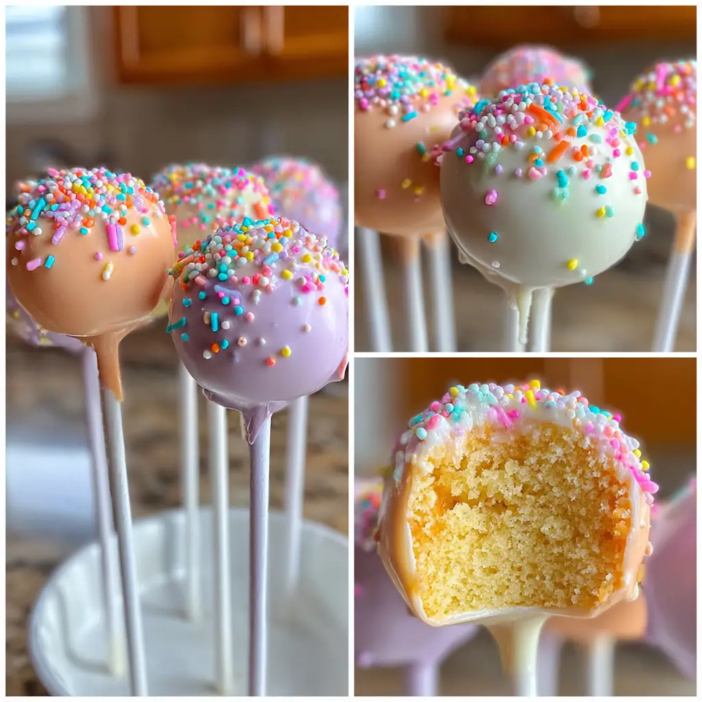 Cake Pops Recipe That Actually Works: Easy, Moist & Delicious 5 Close-up of pastel-colored cake pops with rainbow sprinkles on white sticks in soft natural lighting