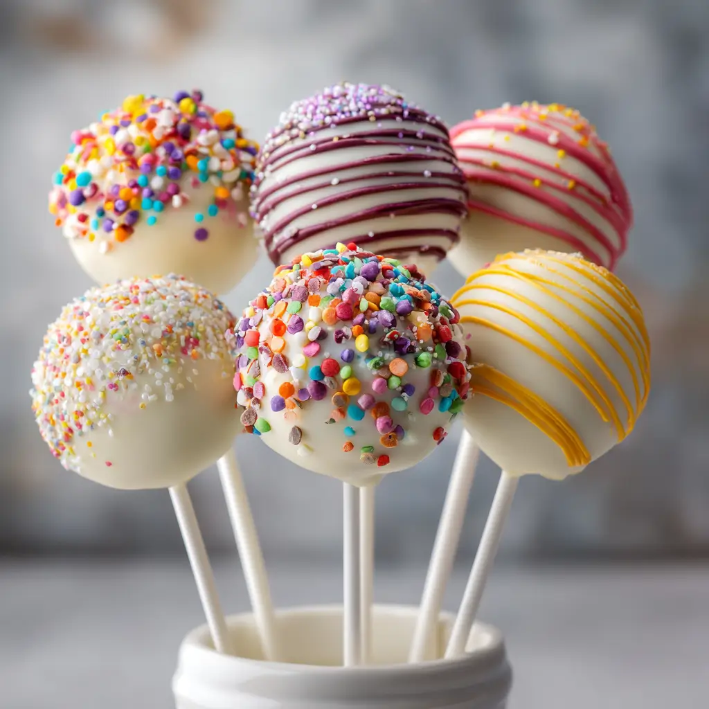 Colorful candy-coated cake pops with sprinkles on sticks, close-up view
