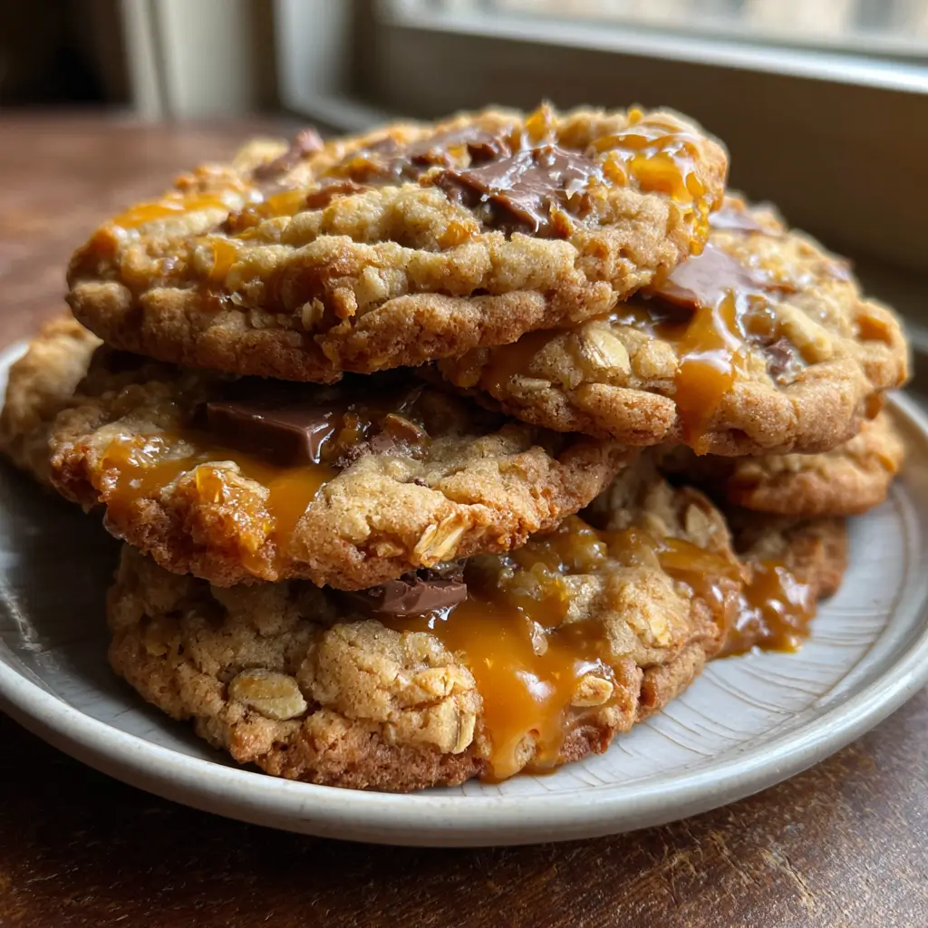 Carmelita Cookies Recipe – 1 Sensational Treat You Must Bake Now 4 Warm, chewy Carmelita Cookies stacked with caramel drips and melting chocolate on a rustic tray