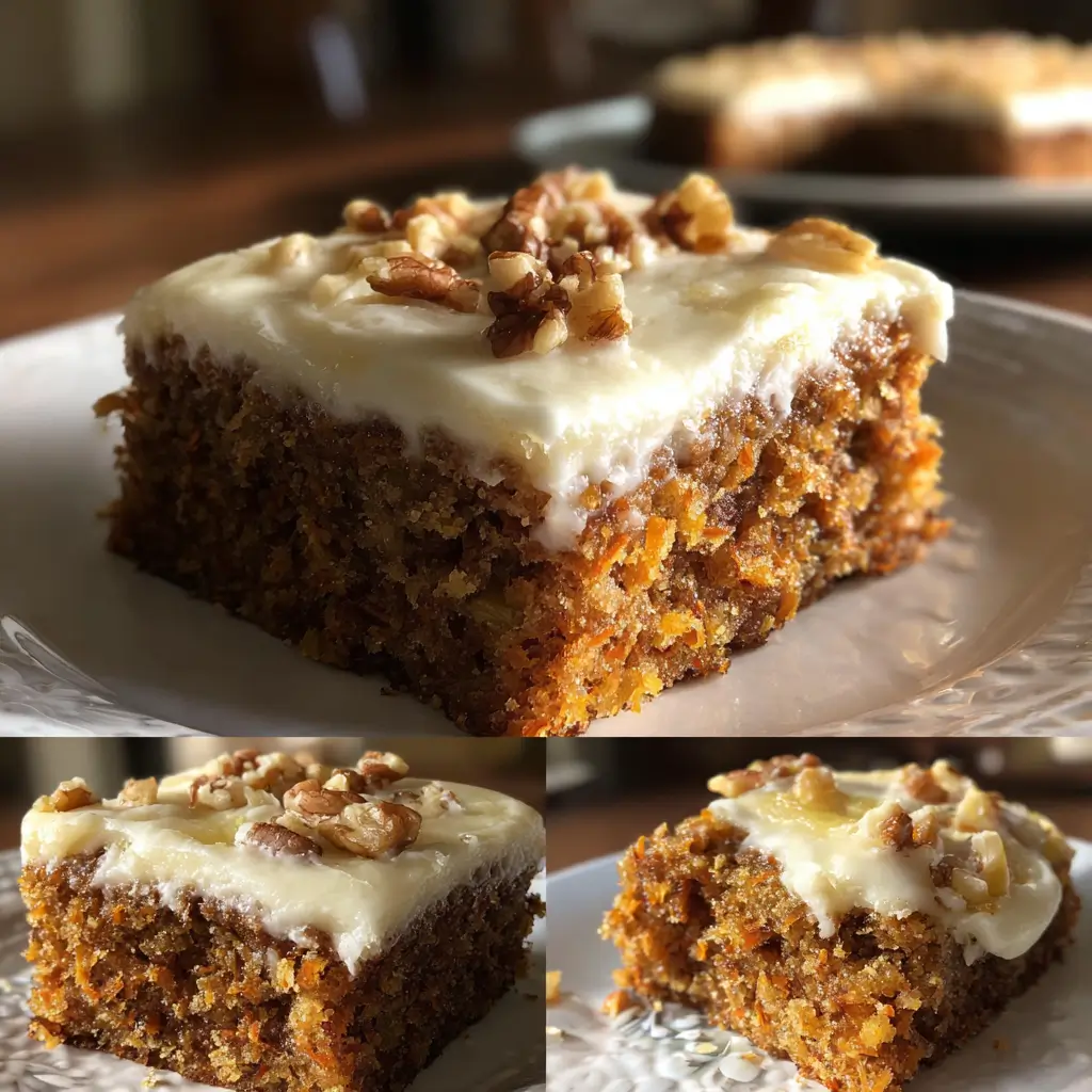 Carrot Pineapple Cake – 1 BEST Ultimate Moist Dessert 8 Three views of carrot pineapple cake with cream cheese frosting and walnut topping on a white plate
