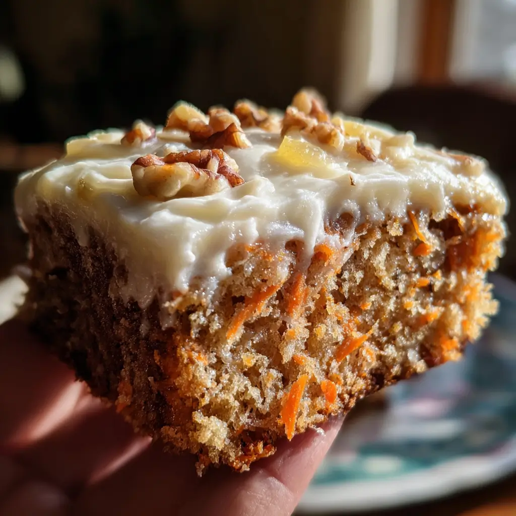 Carrot Pineapple Cake – 1 BEST Ultimate Moist Dessert 6 Handheld slice of carrot pineapple cake with cream cheese frosting and walnut topping in natural light