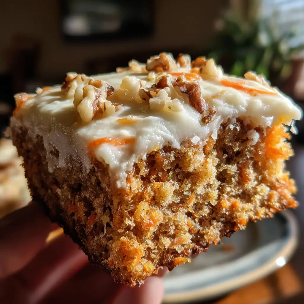 Carrot Pineapple Cake – 1 BEST Ultimate Moist Dessert 9 Close-up of a moist carrot pineapple cake slice with cream cheese frosting and chopped walnuts