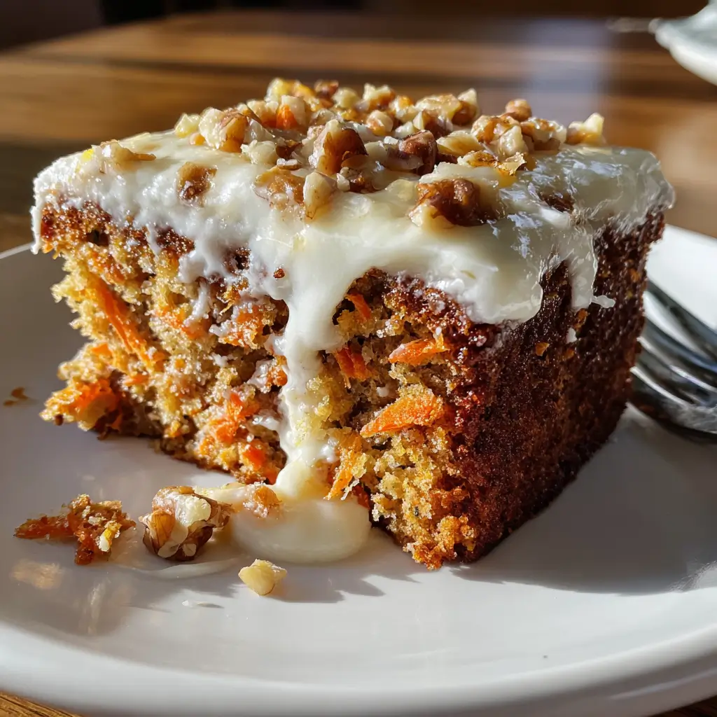 Moist carrot pineapple cake slice topped with cream cheese frosting and chopped walnuts on a white plate