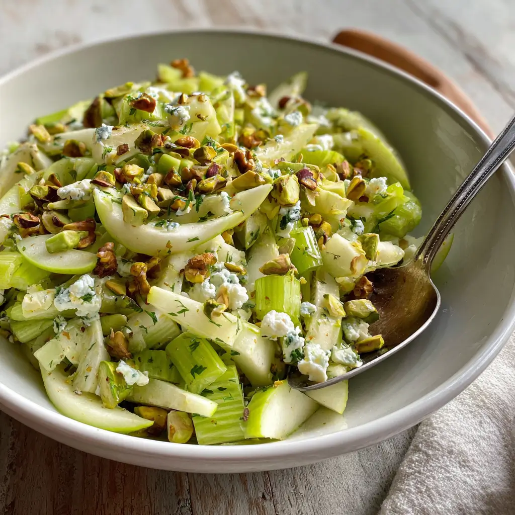 Celery Apple Pistachio Salad – Amazing Texture, 4-Star Flavor 8 Celery apple pistachio salad with green apple slices, crumbled blue cheese, and toasted pistachios in a ceramic bowl