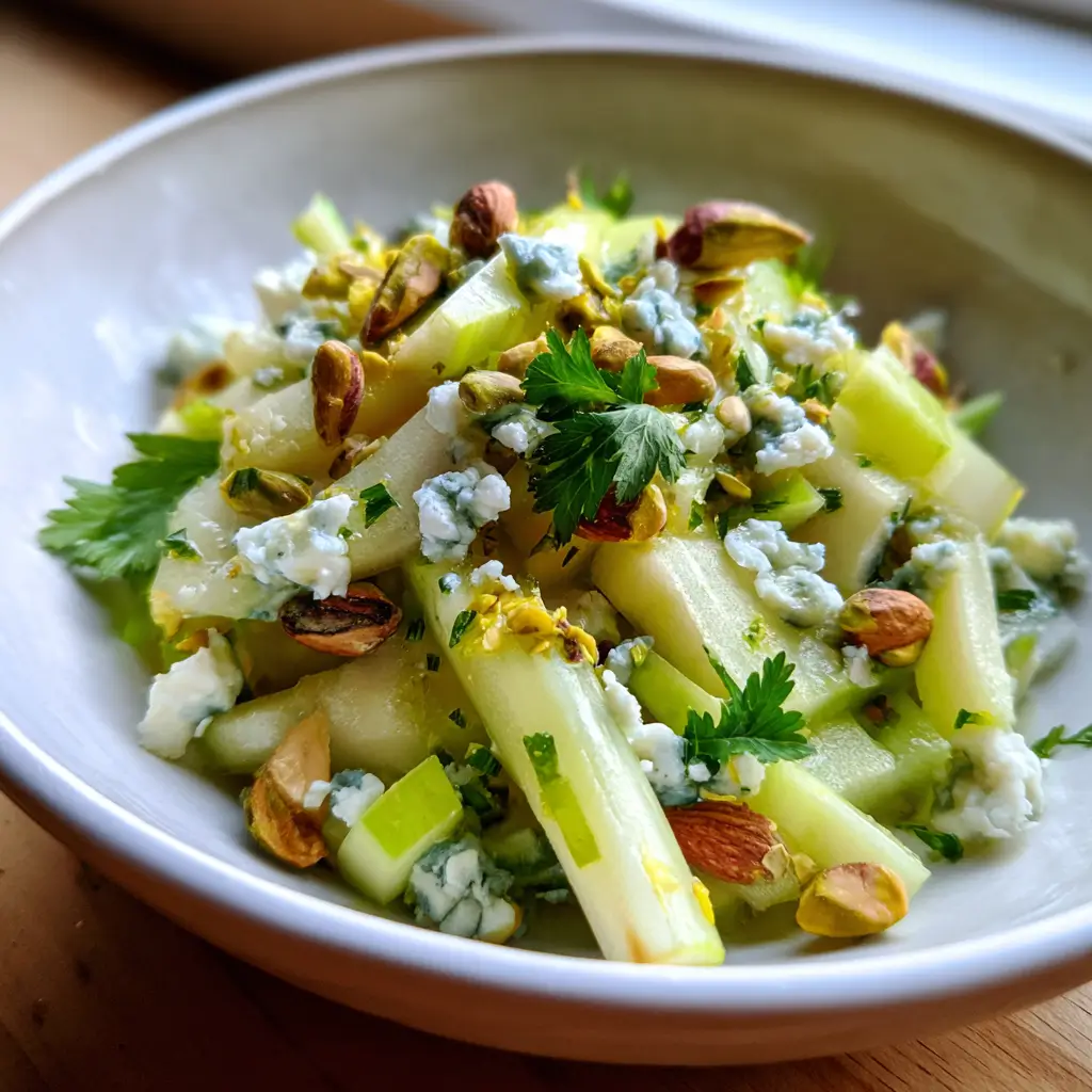 Celery Apple Pistachio Salad – Amazing Texture, 4-Star Flavor 6 Close-up of celery apple pistachio salad with blue cheese, lemon zest, and parsley in a white bowl