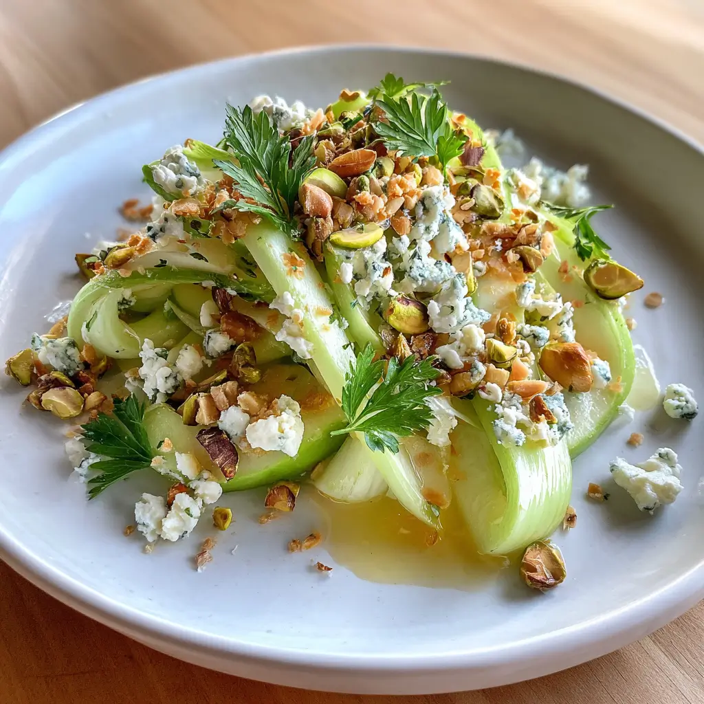 Celery Apple Pistachio Salad – Amazing Texture, 4-Star Flavor 9 Celery apple pistachio salad plated with crumbled blue cheese and parsley on a white dish