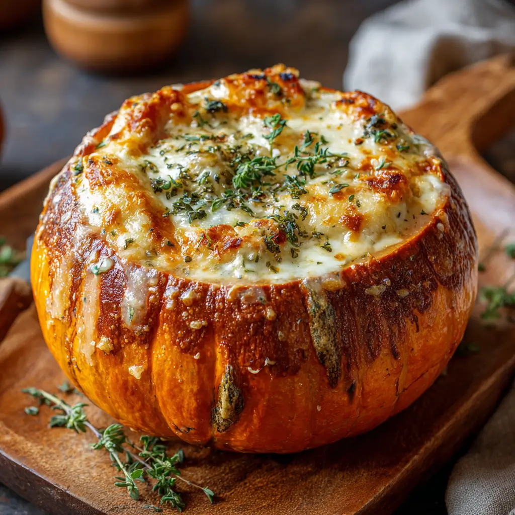 Cheese-Stuffed Pumpkin – 9 Delicious Secrets Every Home Cook Should Know 8 Golden cheese-stuffed pumpkin fresh from the oven with herbs
