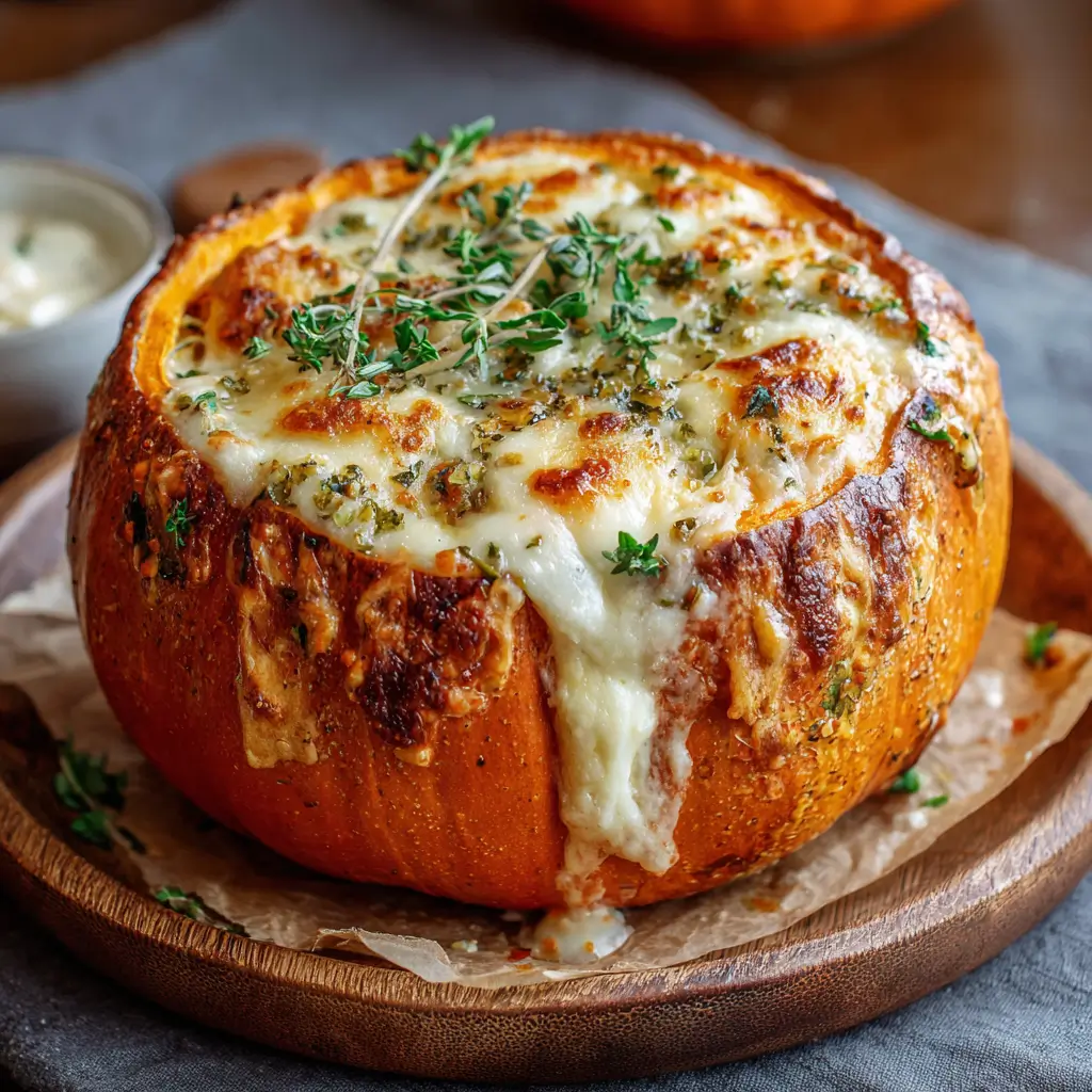 Cheese-stuffed pumpkin baked with melted cheese and herbs